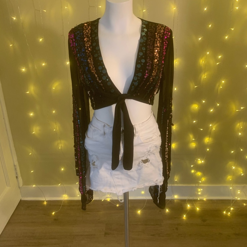Embellished tie front long bell sleeve crop top